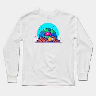 Standing Flag on Planet with Astronaut Helmet Space Cartoon Vector Icon Illustration Long Sleeve T-Shirt